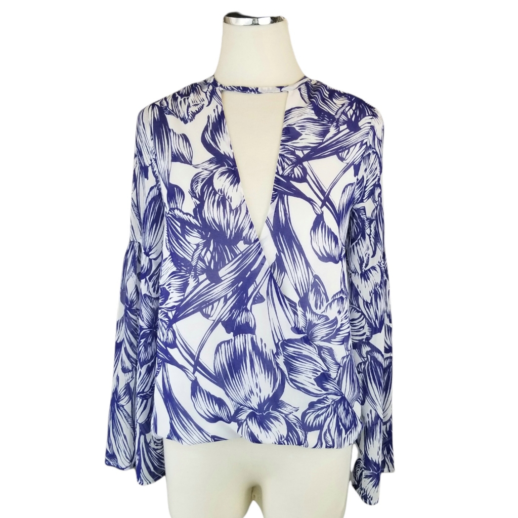 Karlie Floral Wrap Blouse Blue White Bell Sleeves Choker Neck Coastal Tropical S